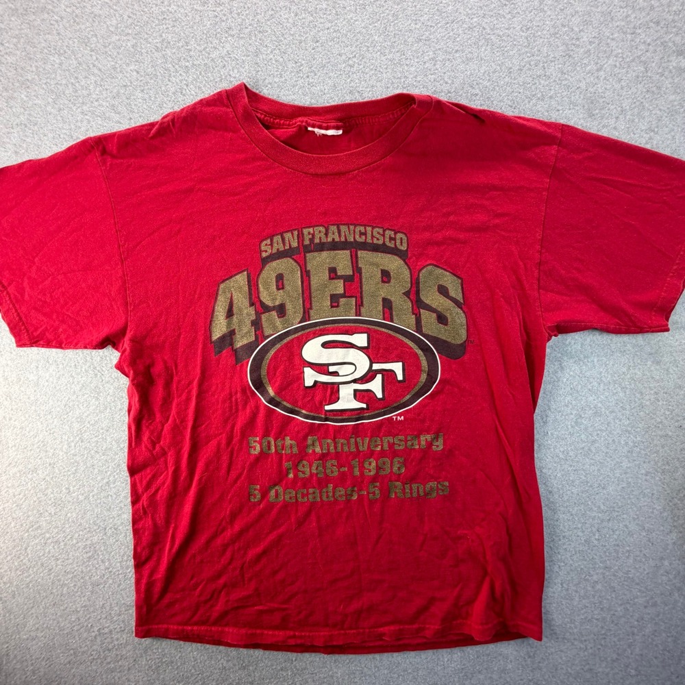 Vintage San Francisco 49ers 50th Anniversary T-Shirt Red 5 Rings 1946-1996 XL